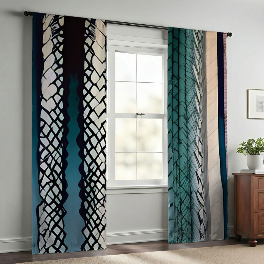 Teal Textile Stripe Pattern Window Curtains