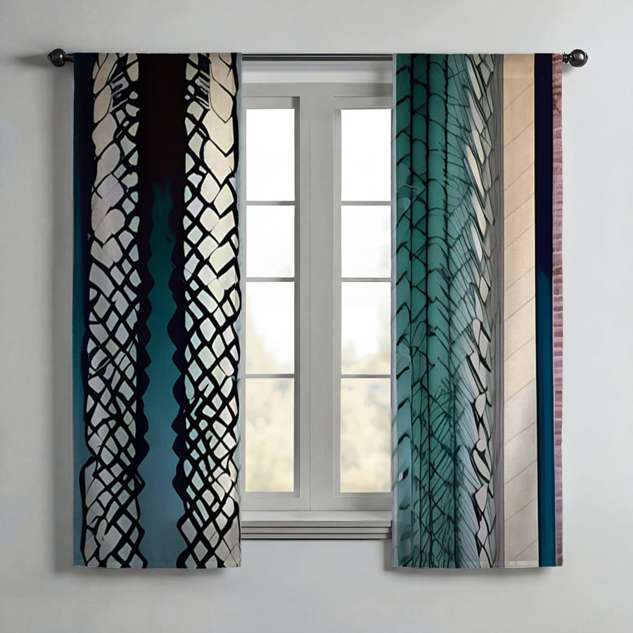Teal Textile Stripe Pattern Window Curtains