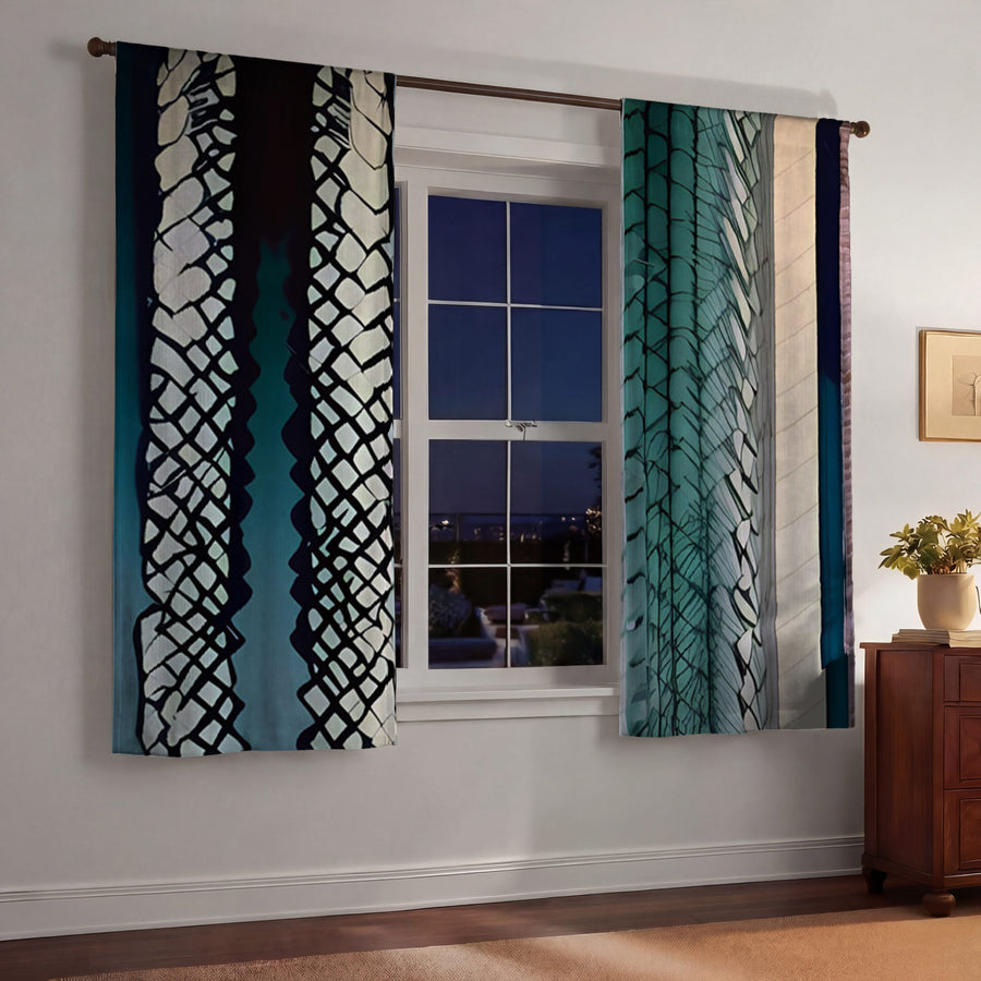 Teal Textile Stripe Pattern Window Curtains