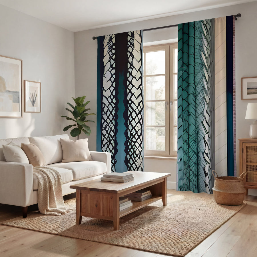 Teal Textile Stripe Pattern Window Curtains