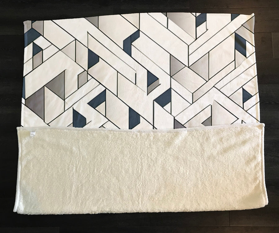 Gray Interlocking Geometric Pattern Fleece Sherpa Blanket