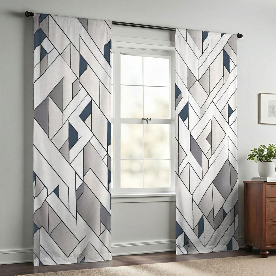 Gray Interlocking Geometric Pattern Window Curtains