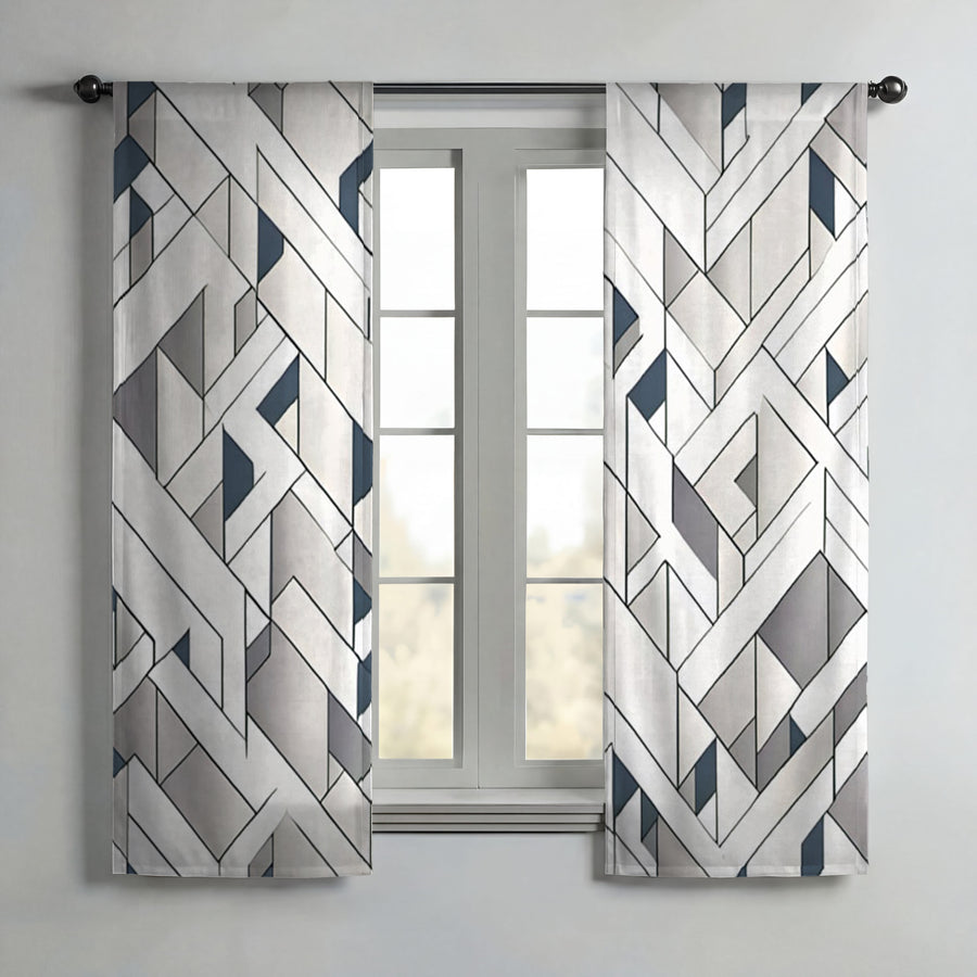 Gray Interlocking Geometric Pattern Window Curtains