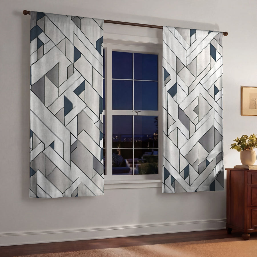 Gray Interlocking Geometric Pattern Window Curtains