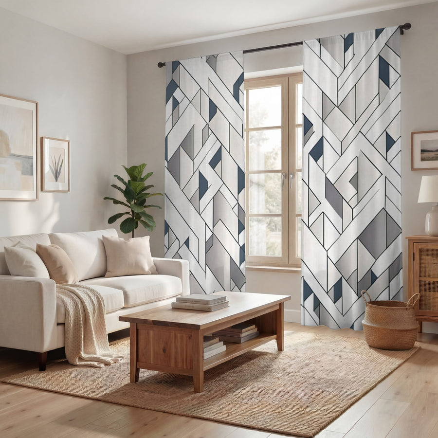 Gray Interlocking Geometric Pattern Window Curtains