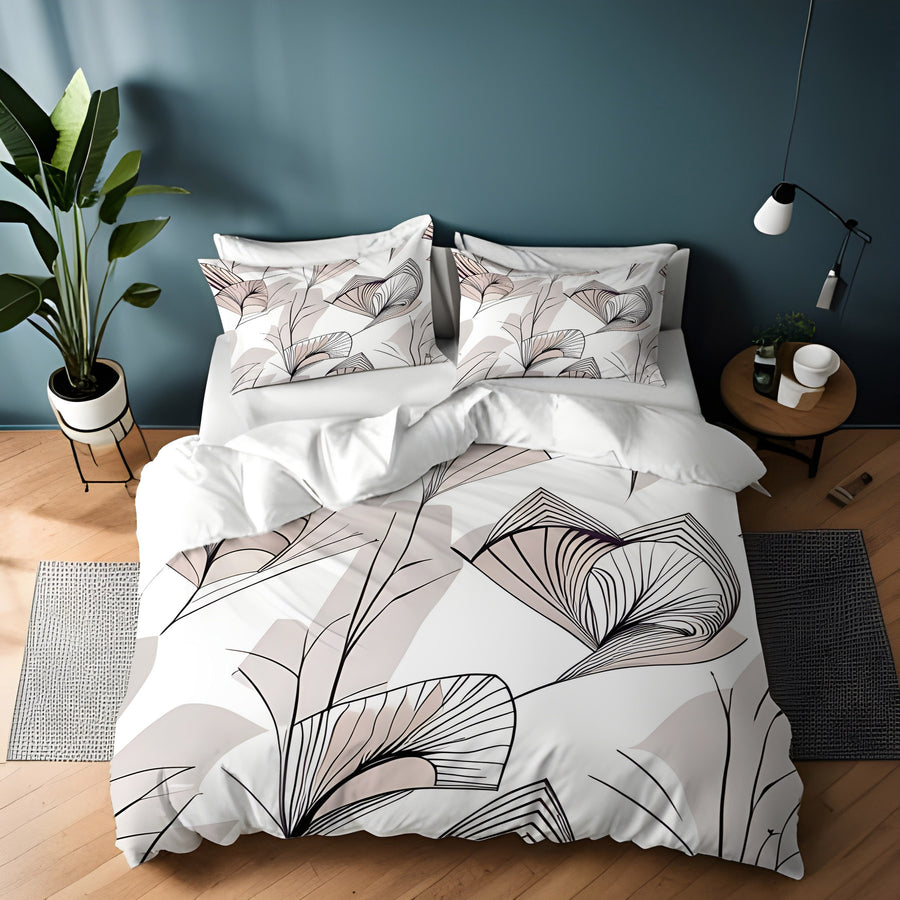Gray Botanical Fan Leaf Pattern Duvet Cover