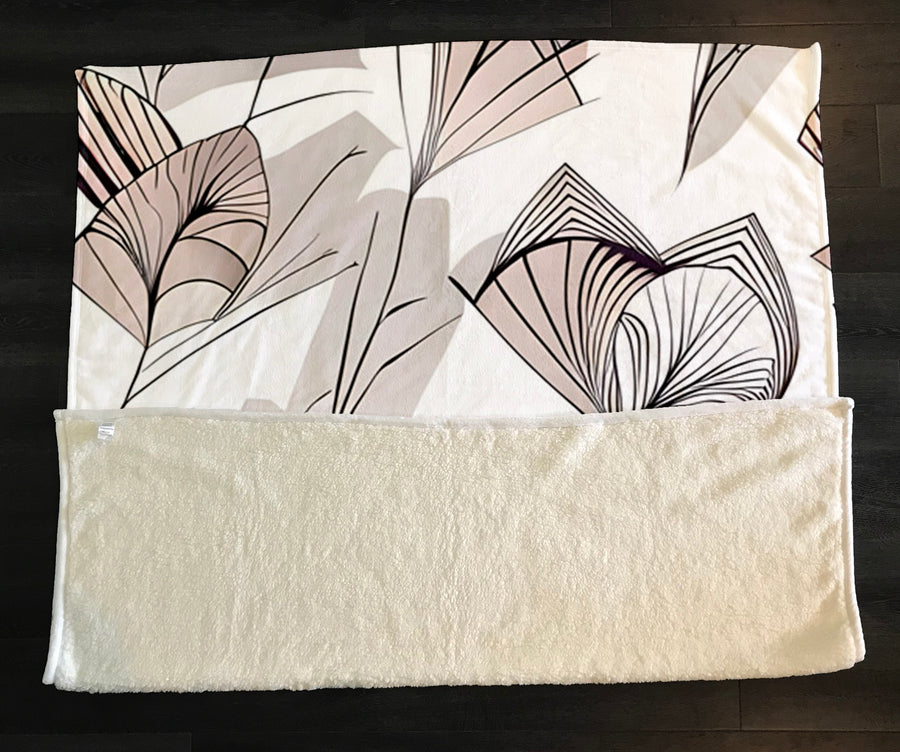 Gray Botanical Fan Leaf Pattern Fleece Sherpa Blanket