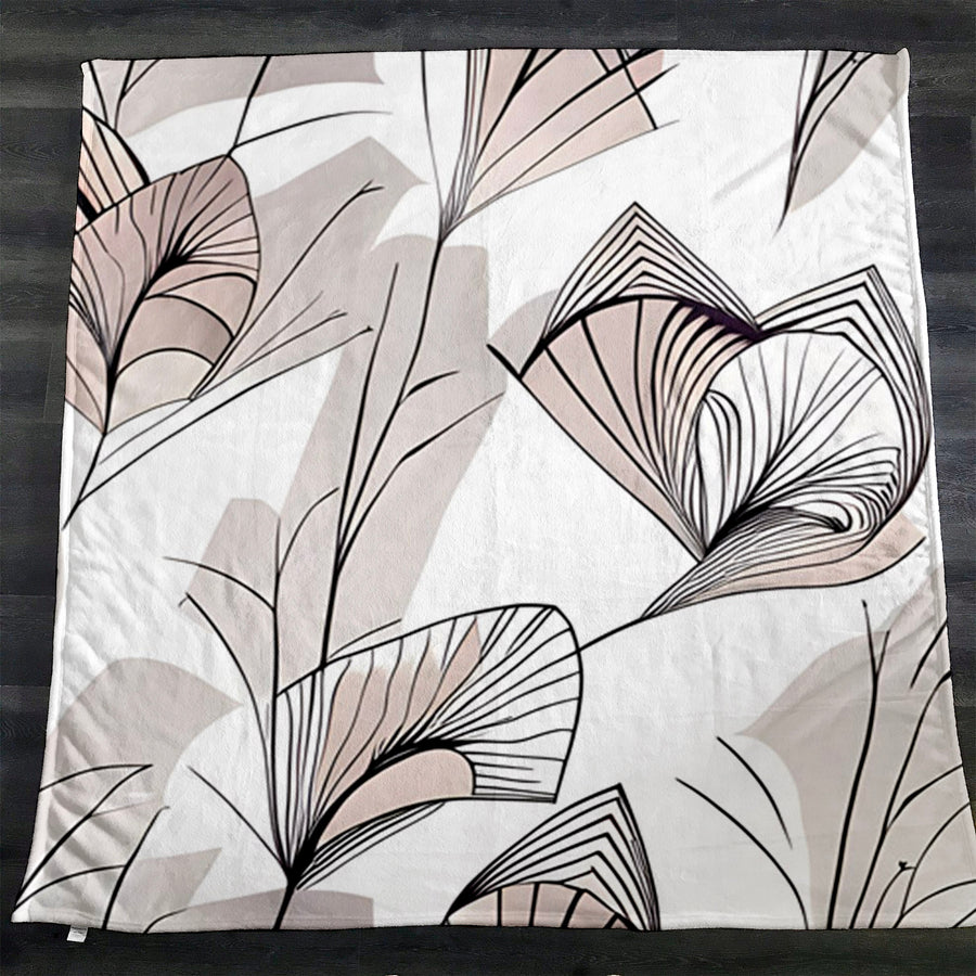 Gray Botanical Fan Leaf Pattern Fleece Sherpa Blanket
