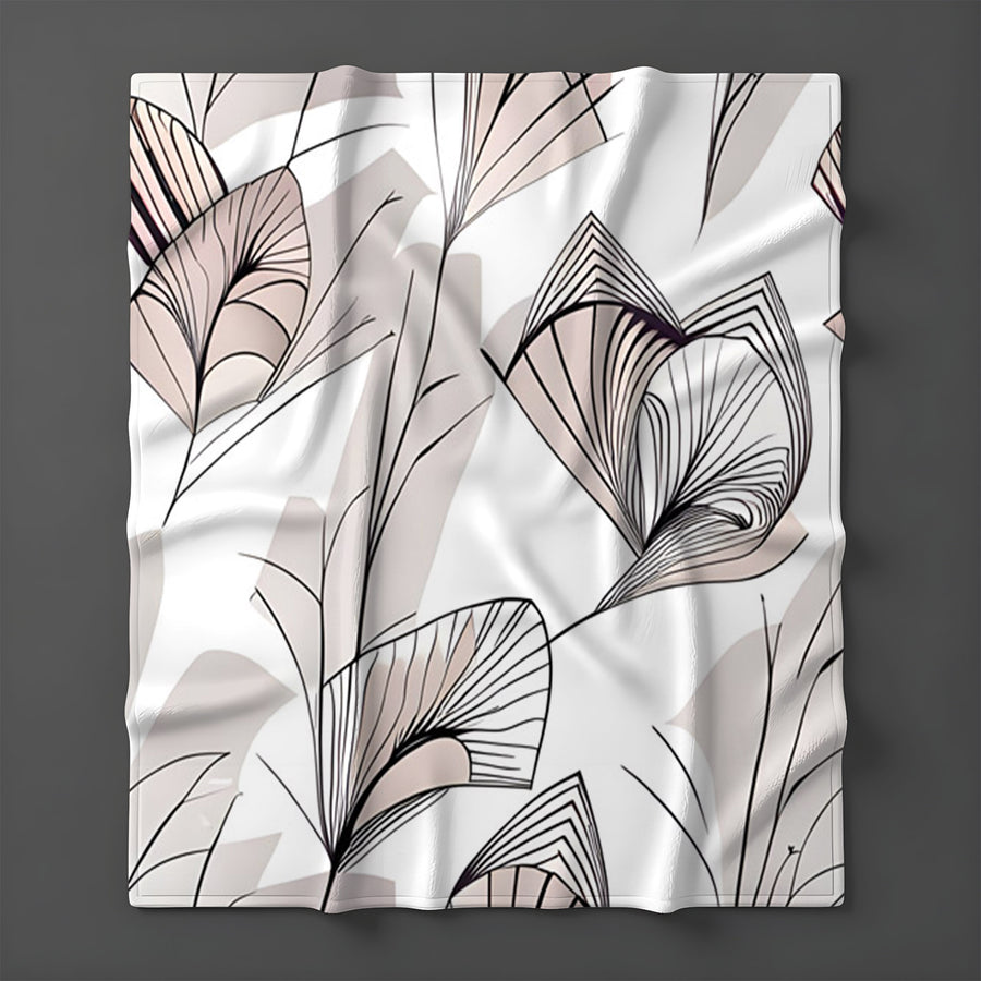 Gray Botanical Fan Leaf Pattern Fleece Sherpa Blanket