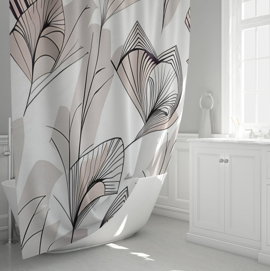 Gray Botanical Fan Leaf Pattern Shower Curtain