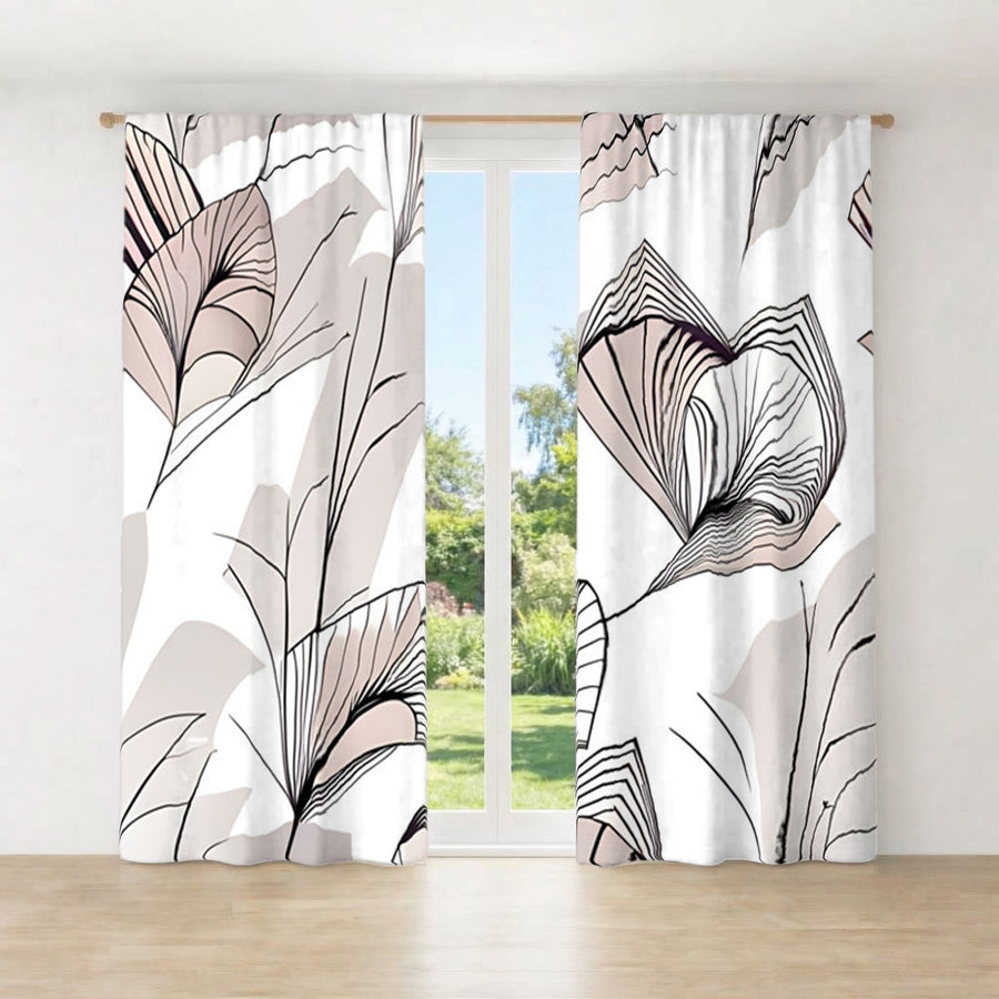 Gray Botanical Fan Leaf Pattern Window Curtains