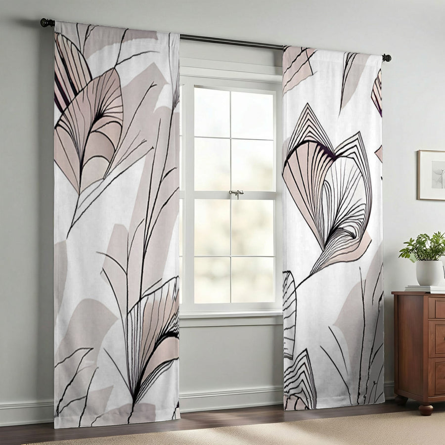 Gray Botanical Fan Leaf Pattern Window Curtains