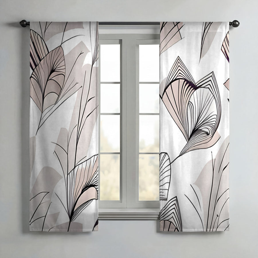 Gray Botanical Fan Leaf Pattern Window Curtains