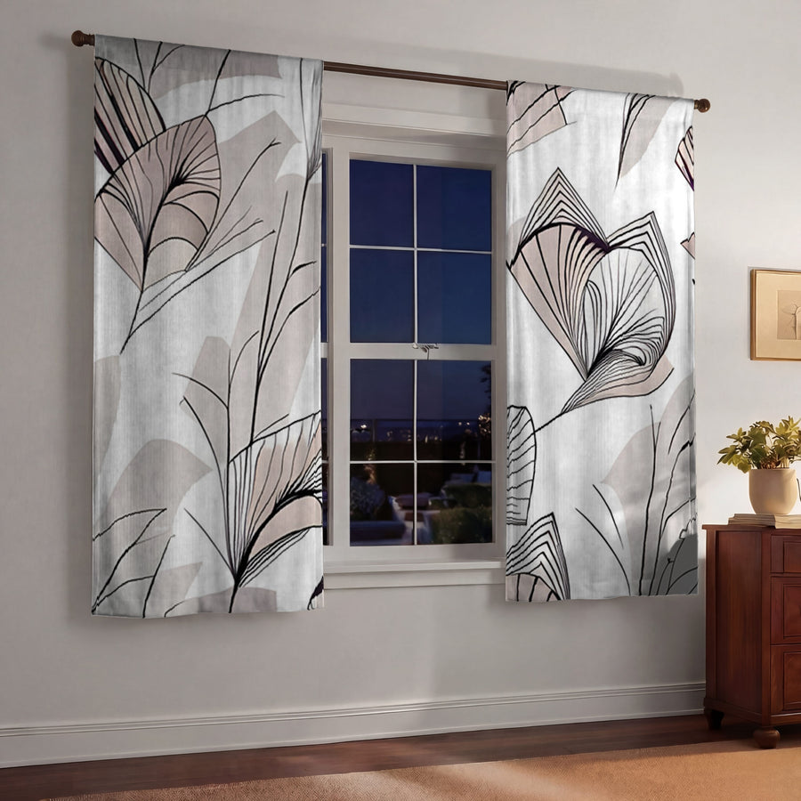 Gray Botanical Fan Leaf Pattern Window Curtains