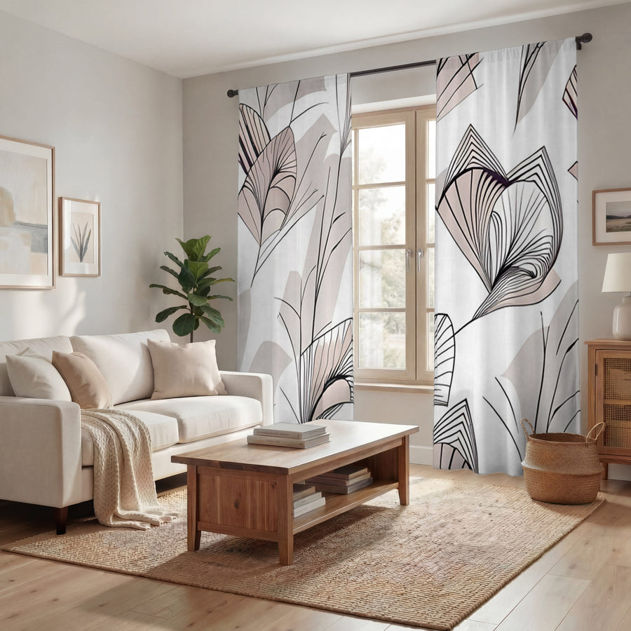 Gray Botanical Fan Leaf Pattern Window Curtains