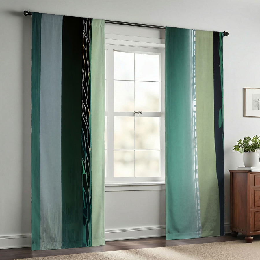 Teal Vertical Gradient Stripe Pattern Window Curtains