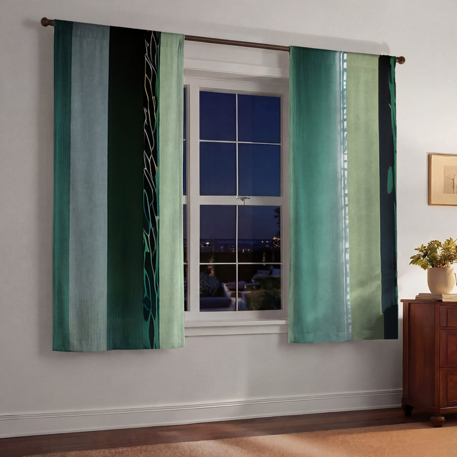 Teal Vertical Gradient Stripe Pattern Window Curtains