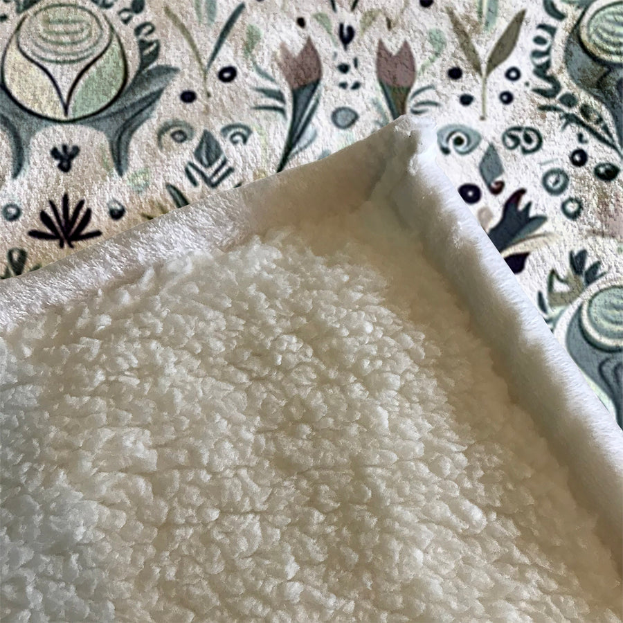 Green Folk Botanical Pattern Fleece Sherpa Blanket