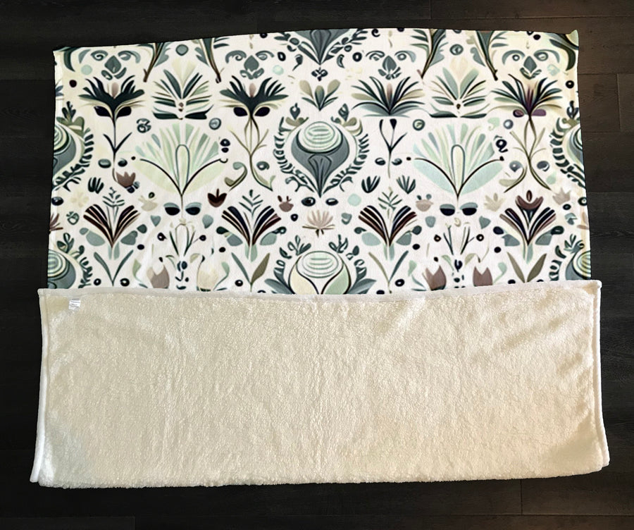 Green Folk Botanical Pattern Fleece Sherpa Blanket