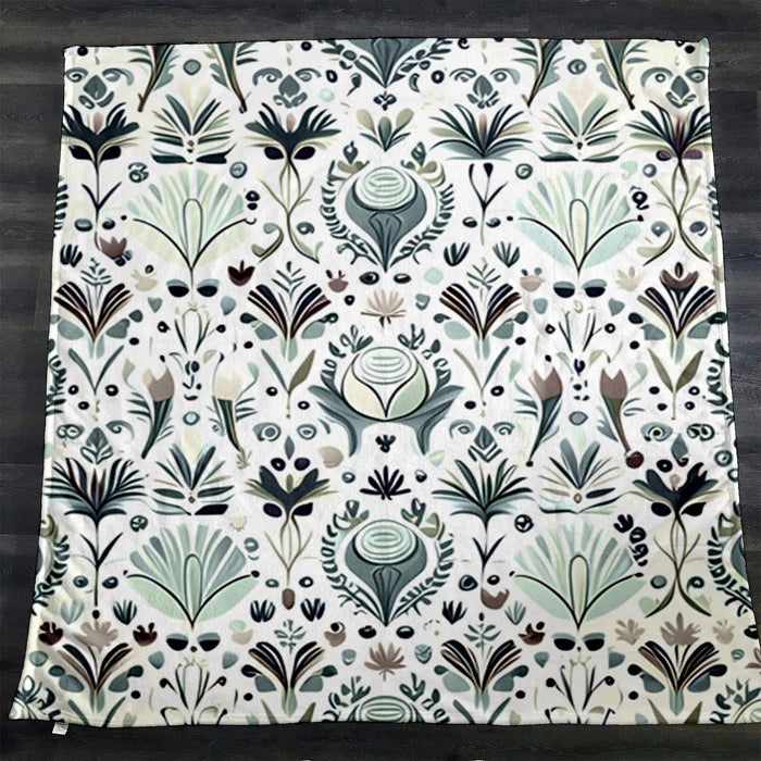 Green Folk Botanical Pattern Fleece Sherpa Blanket