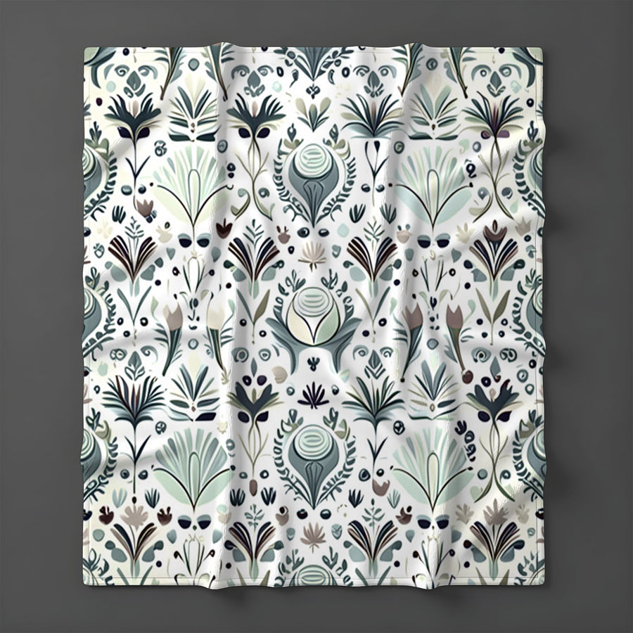 Green Folk Botanical Pattern Fleece Sherpa Blanket