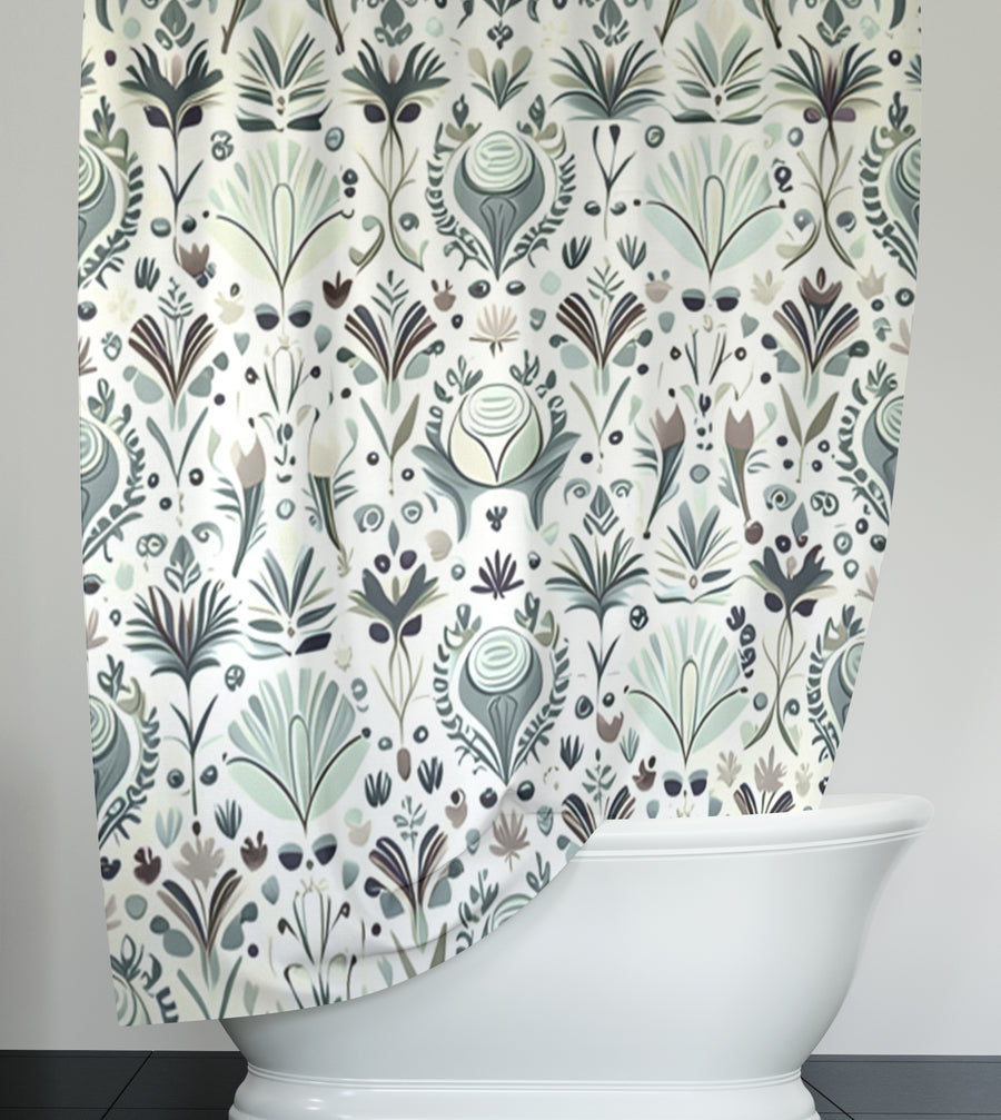 Green Folk Botanical Pattern Shower Curtain