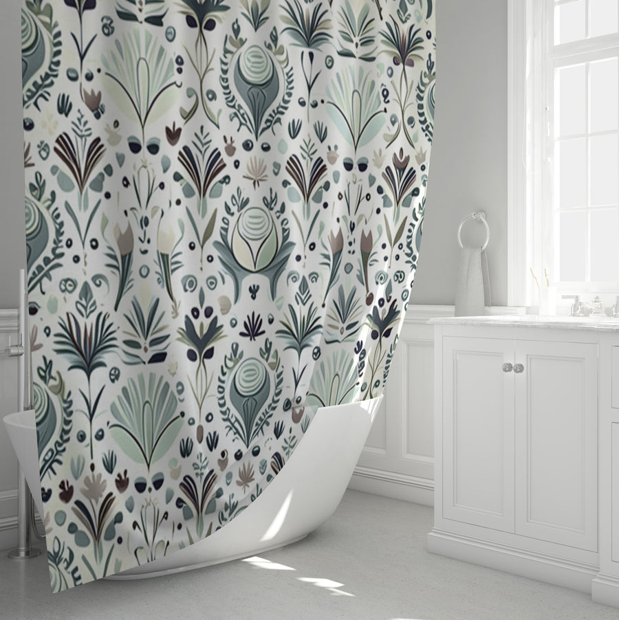 Green Folk Botanical Pattern Shower Curtain
