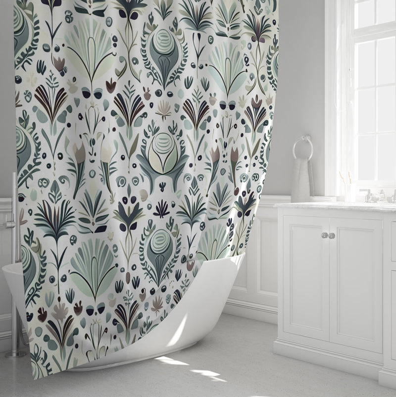 Green and White Pattern Shower Curtains - Small Floral Print - Deja Blue Studios