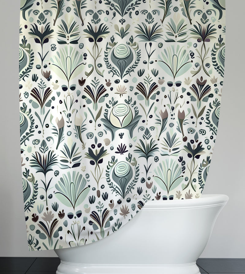 Green and White Pattern Shower Curtains - Small Floral Print - Deja Blue Studios