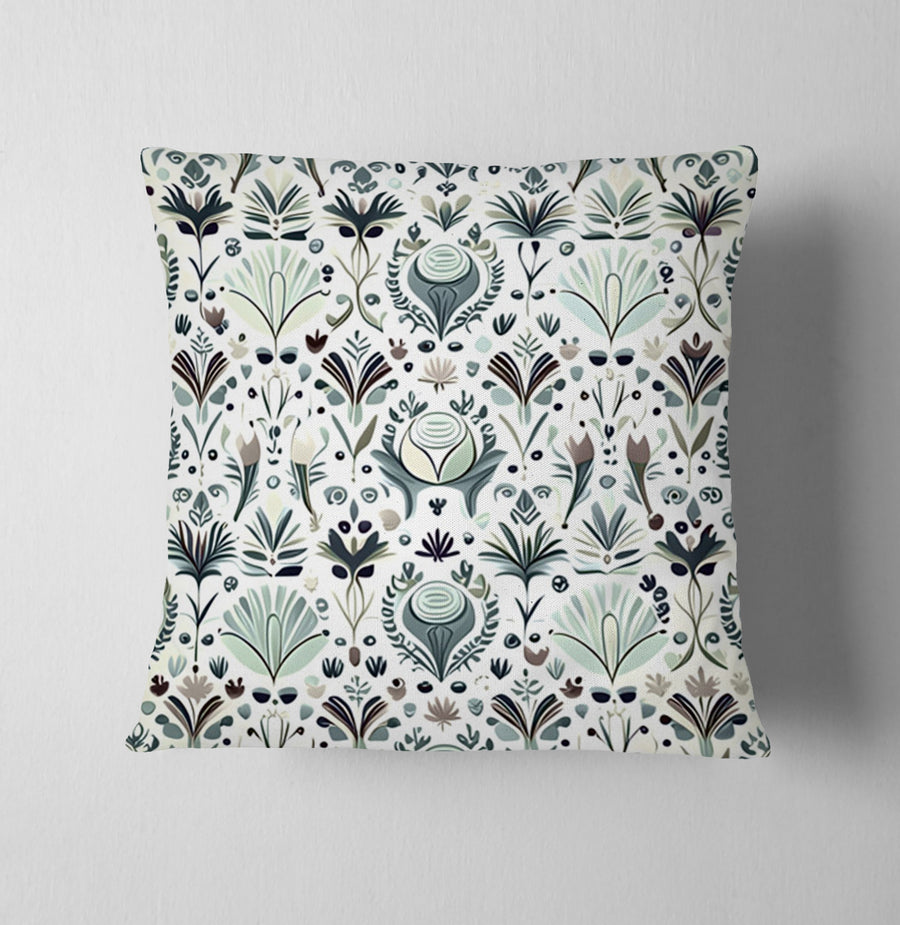 Green Folk Botanical Pattern Throw Pillow Cover