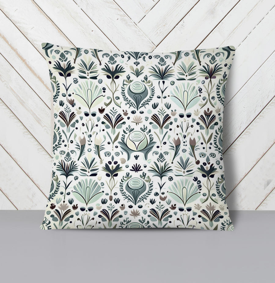 Green Folk Botanical Pattern Throw Pillow Cover
