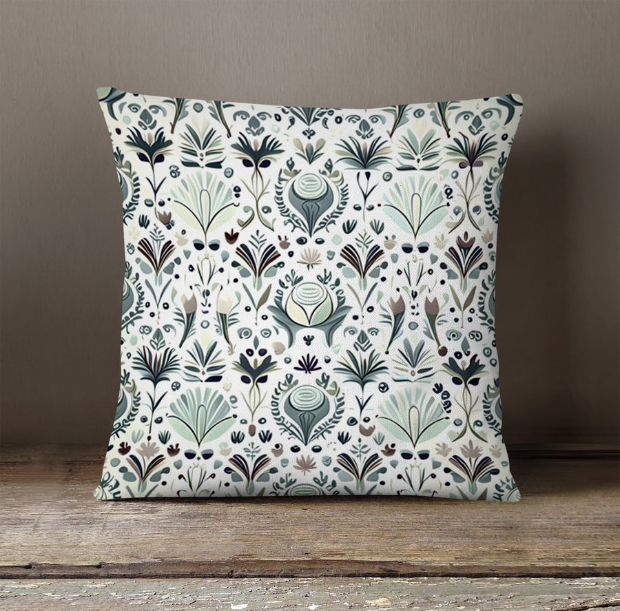Green Folk Botanical Pattern Throw Pillow Cover