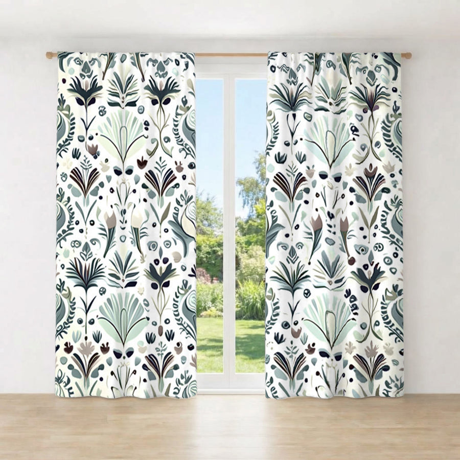 Green Folk Botanical Pattern Window Curtains
