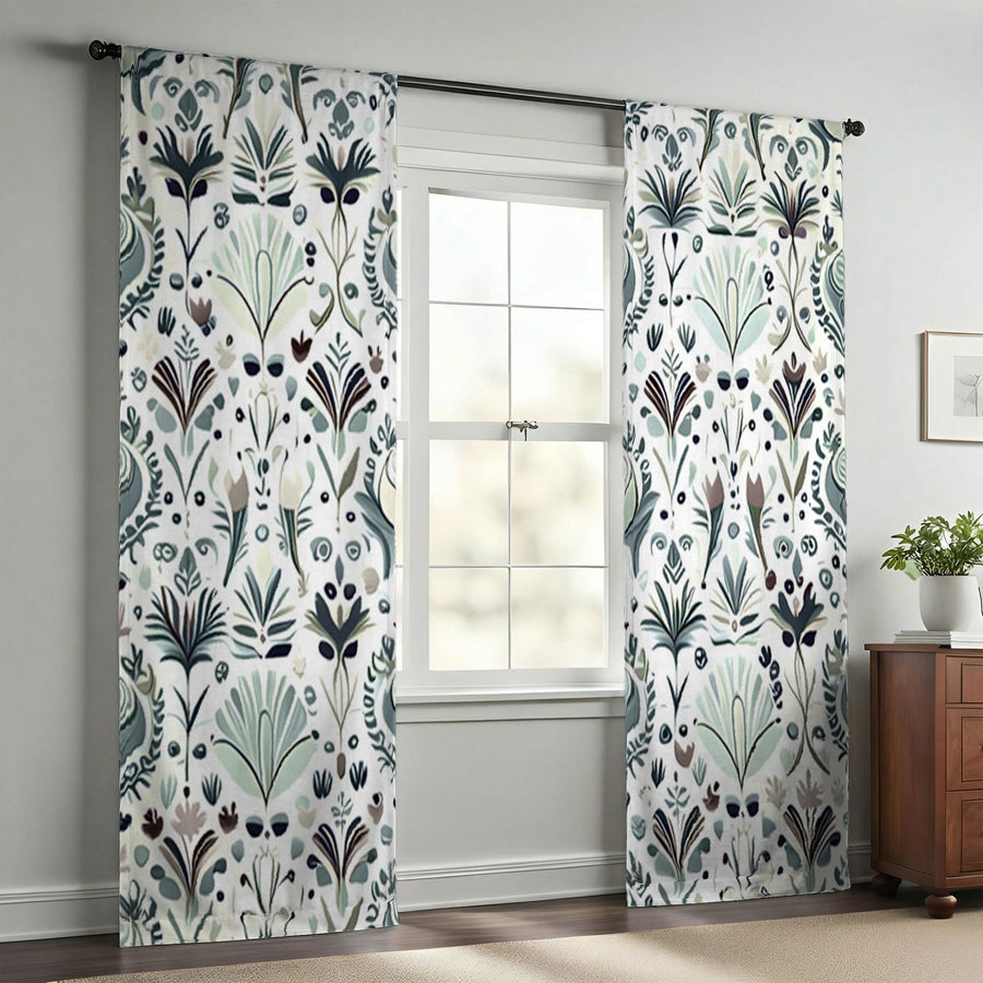 Green Folk Botanical Pattern Window Curtains