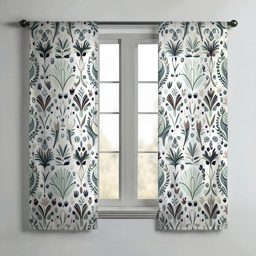 Green Folk Botanical Pattern Window Curtains
