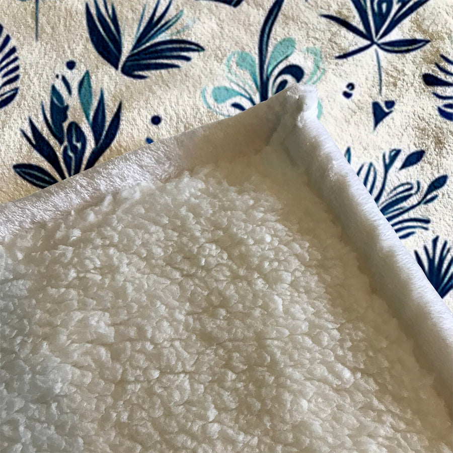 Blue Floral Botanical Pattern Fleece Sherpa Blanket