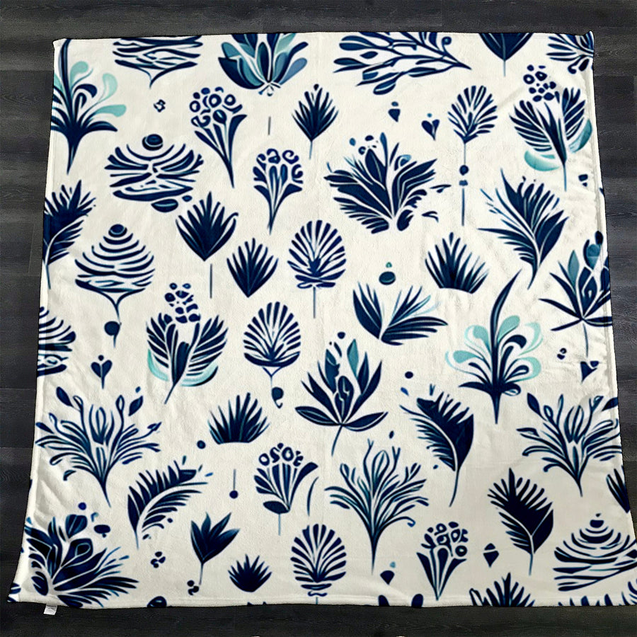 Blue Floral Botanical Pattern Fleece Sherpa Blanket
