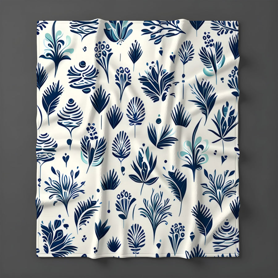 Blue Floral Botanical Pattern Fleece Sherpa Blanket