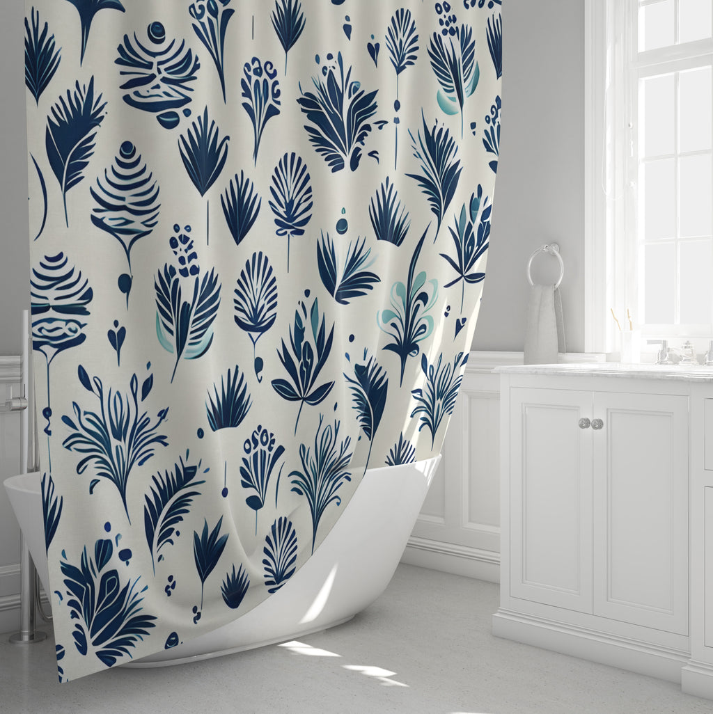 Chic Farmhouse Shower Curtains - Blue and Off White Leaf Print - Deja Blue Studios