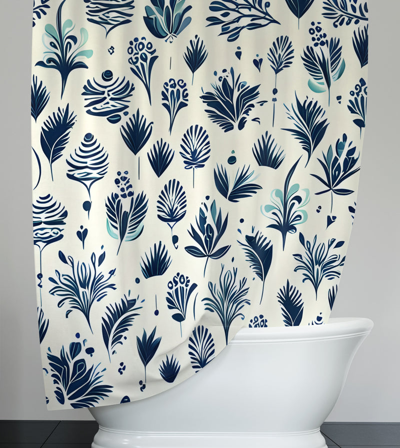 Chic Farmhouse Shower Curtains - Blue and Off White Leaf Print - Deja Blue Studios