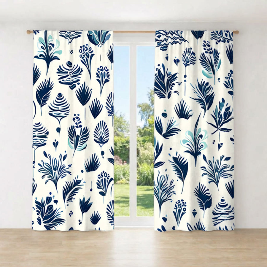 Blue Floral Botanical Pattern Window Curtains