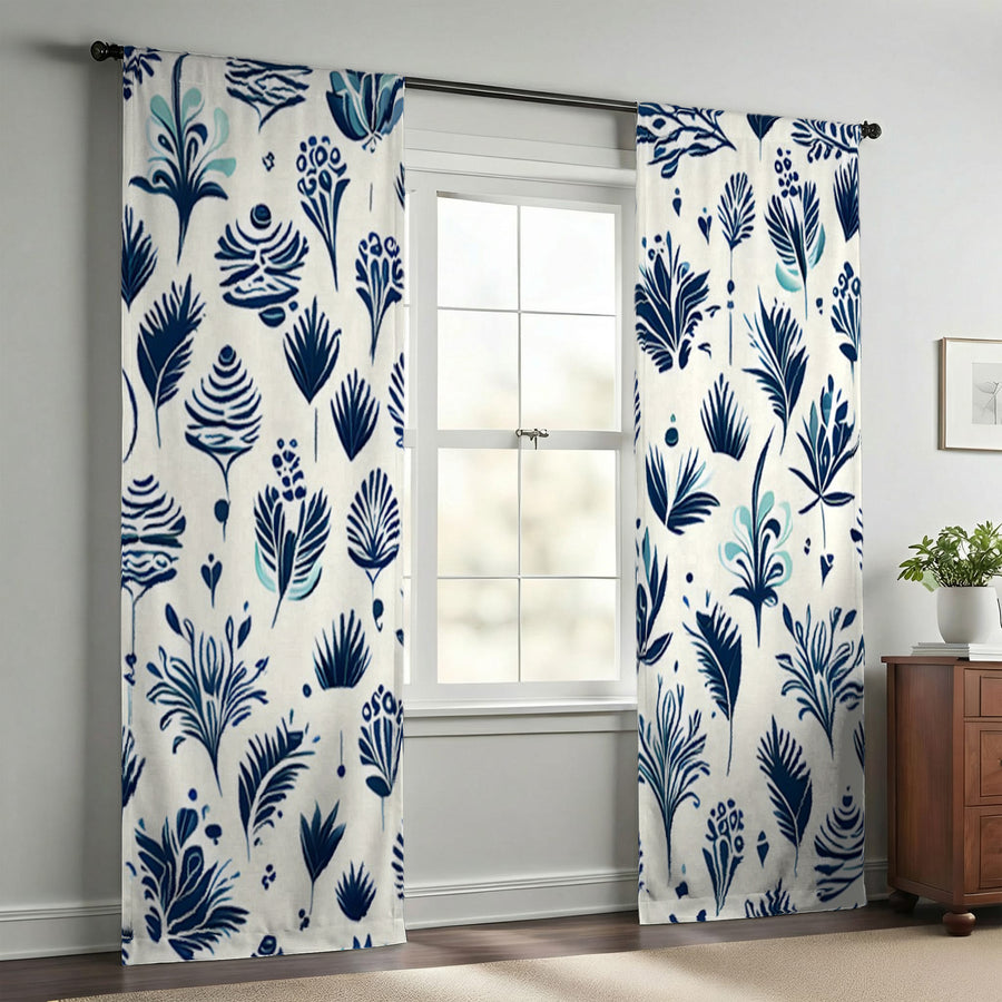 Blue Floral Botanical Pattern Window Curtains