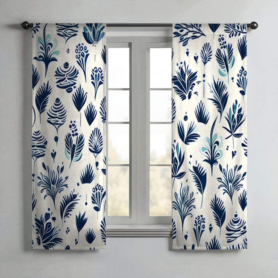 Blue Floral Botanical Pattern Window Curtains