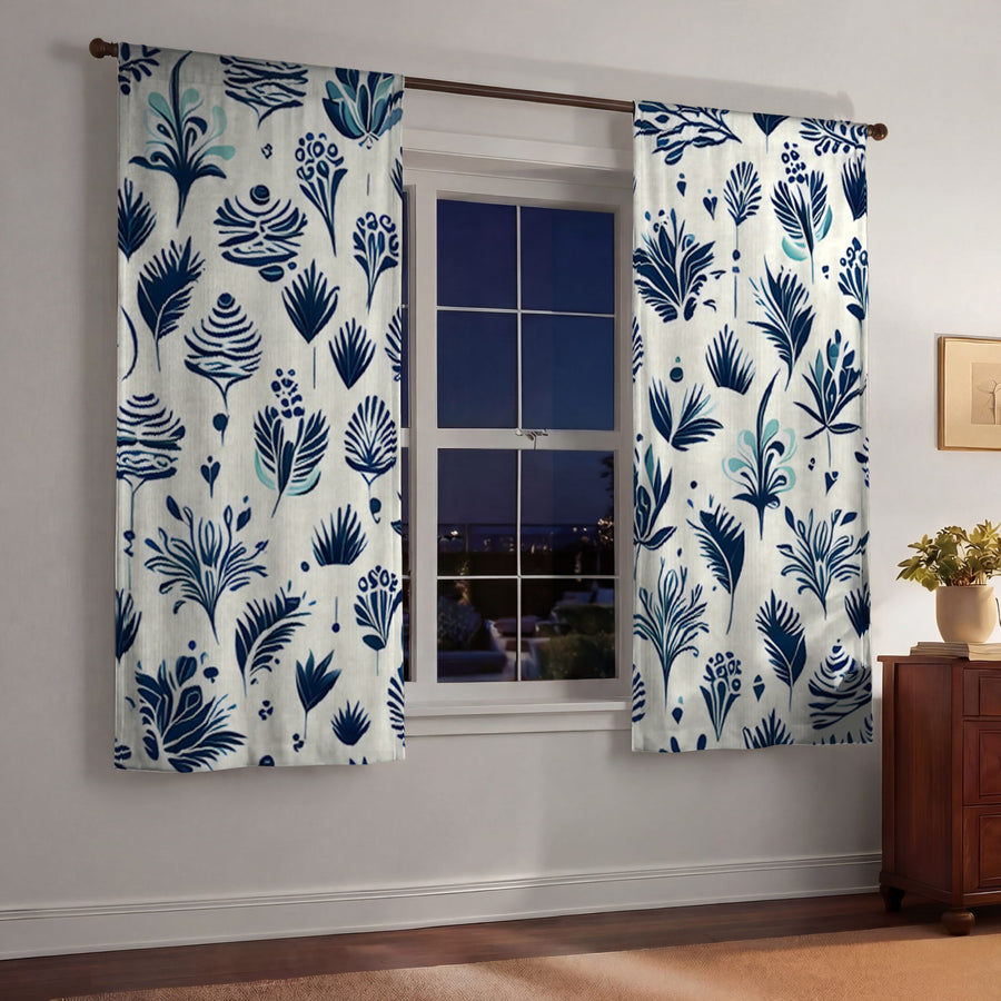Blue Floral Botanical Pattern Window Curtains