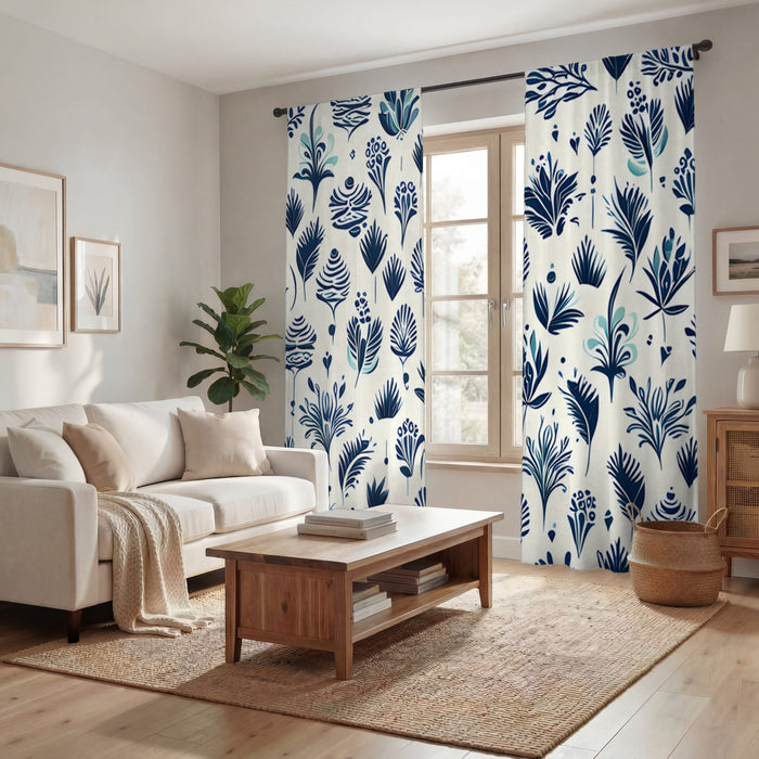 Blue Floral Botanical Pattern Window Curtains