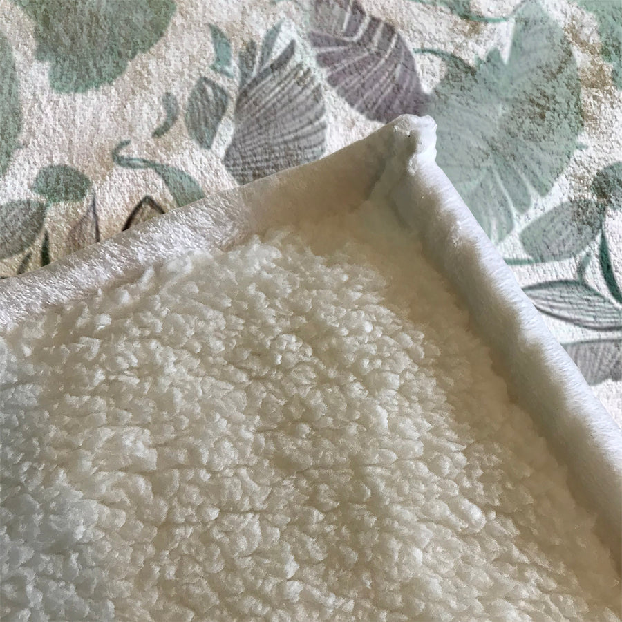 Green Botanical Leaf Pattern Fleece Sherpa Blanket
