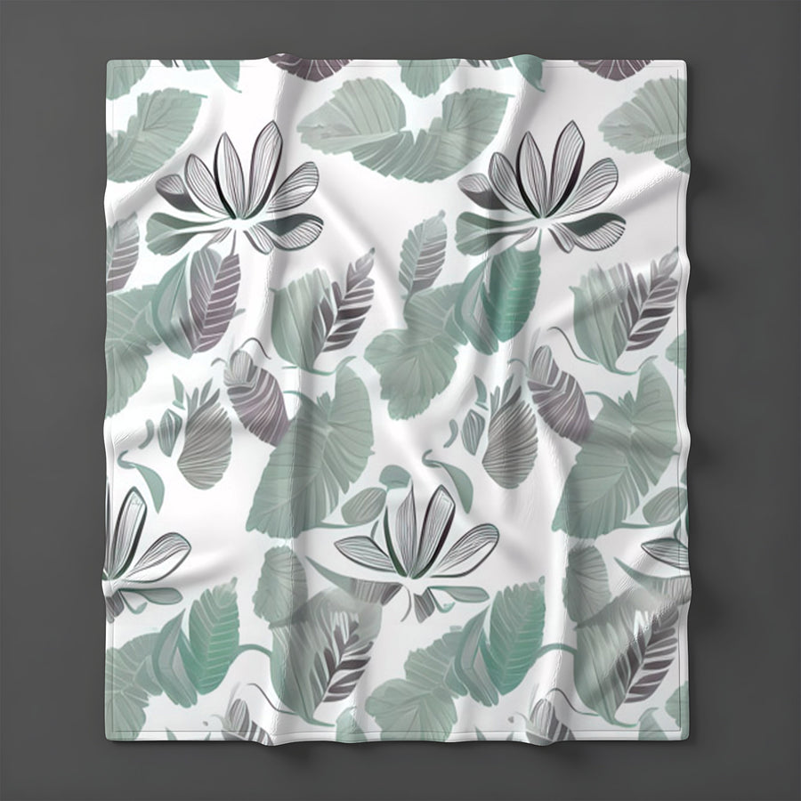 Green Botanical Leaf Pattern Fleece Sherpa Blanket