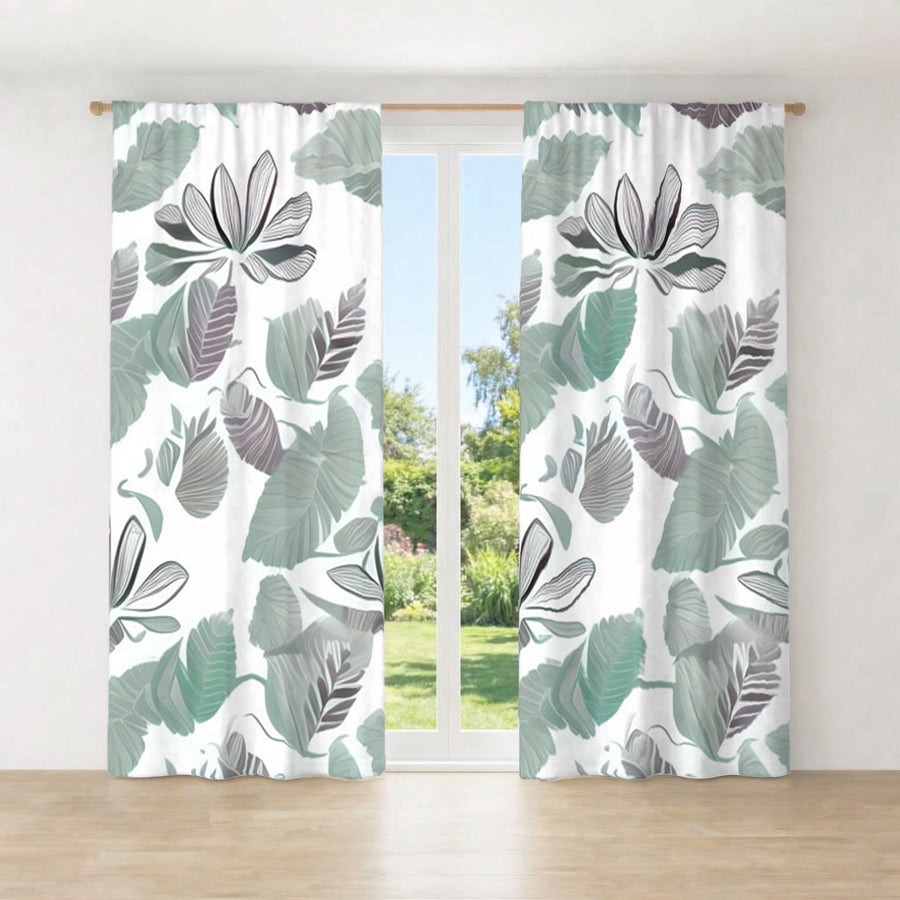 Green Botanical Leaf Pattern Window Curtains