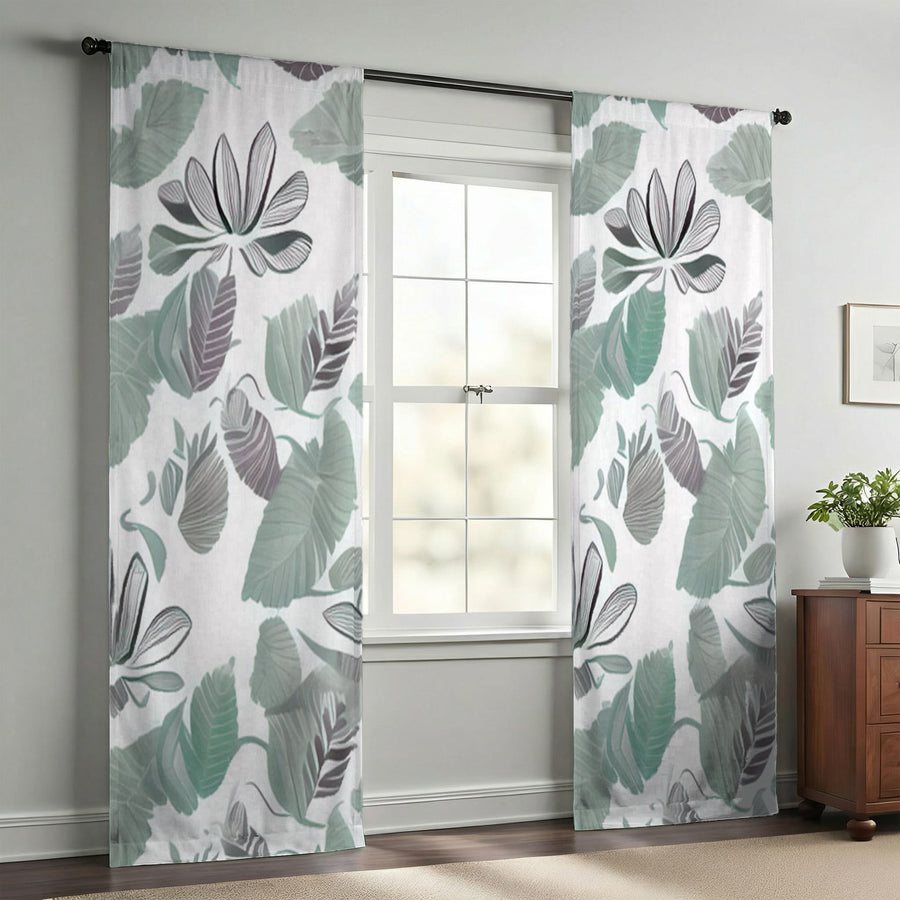 Green Botanical Leaf Pattern Window Curtains