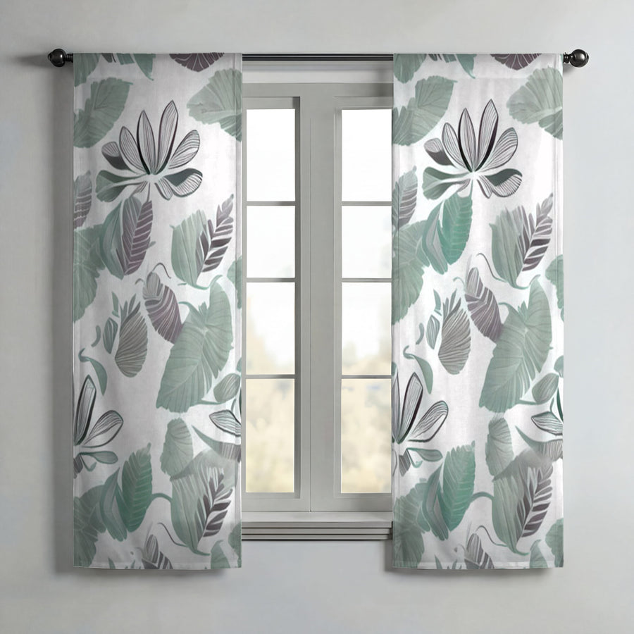 Green Botanical Leaf Pattern Window Curtains